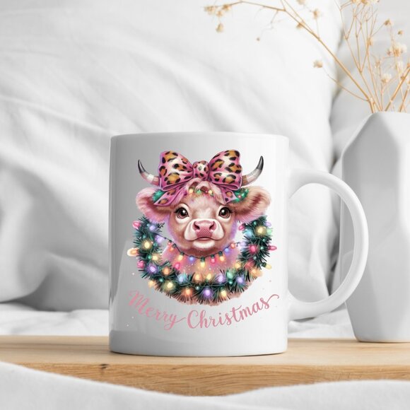 🎄 Pink Cow Merry Christmas 11oz White Ceramic Mug – Perfect Holiday Gift! - Picture 2 of 4
